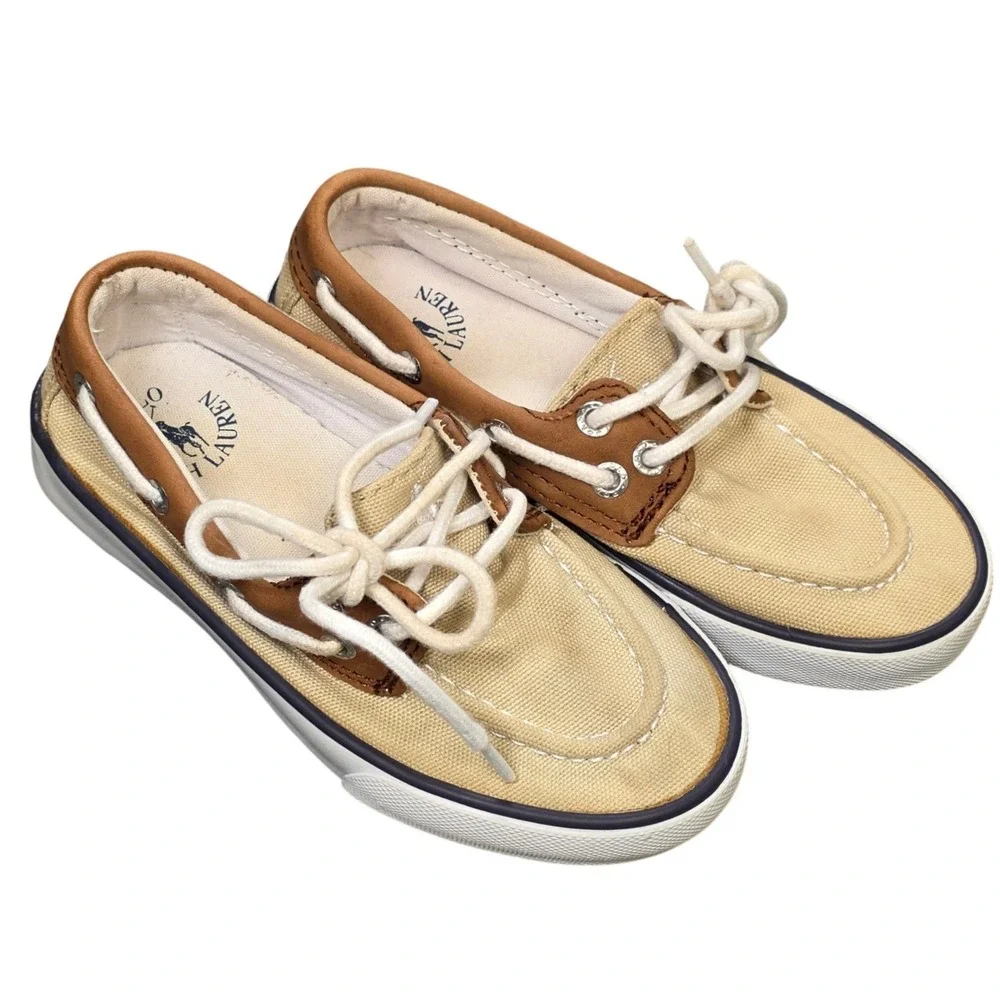 Polo Ralph Lauren Sander Leather Boat Shoes Boy's Size 11 Tan Brown Textile Lace